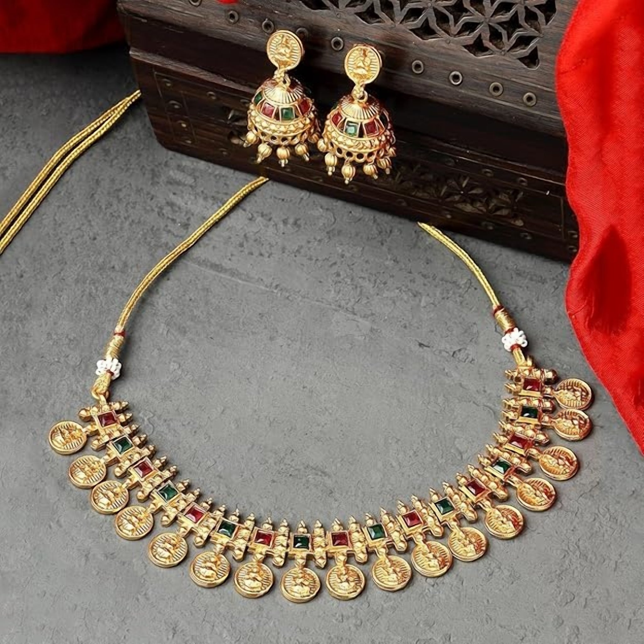 Traditional Temple Coin Necklace Set, Matching Jhumkas for Women, Traditional Indian Wedding Jewelry (Set of 2)