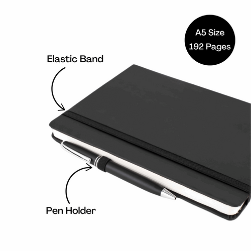 Band Elastic A5 Journal Notebook | Customizable Gift for Executives, Travelers & Special Occasions (Black, 192 Pages)