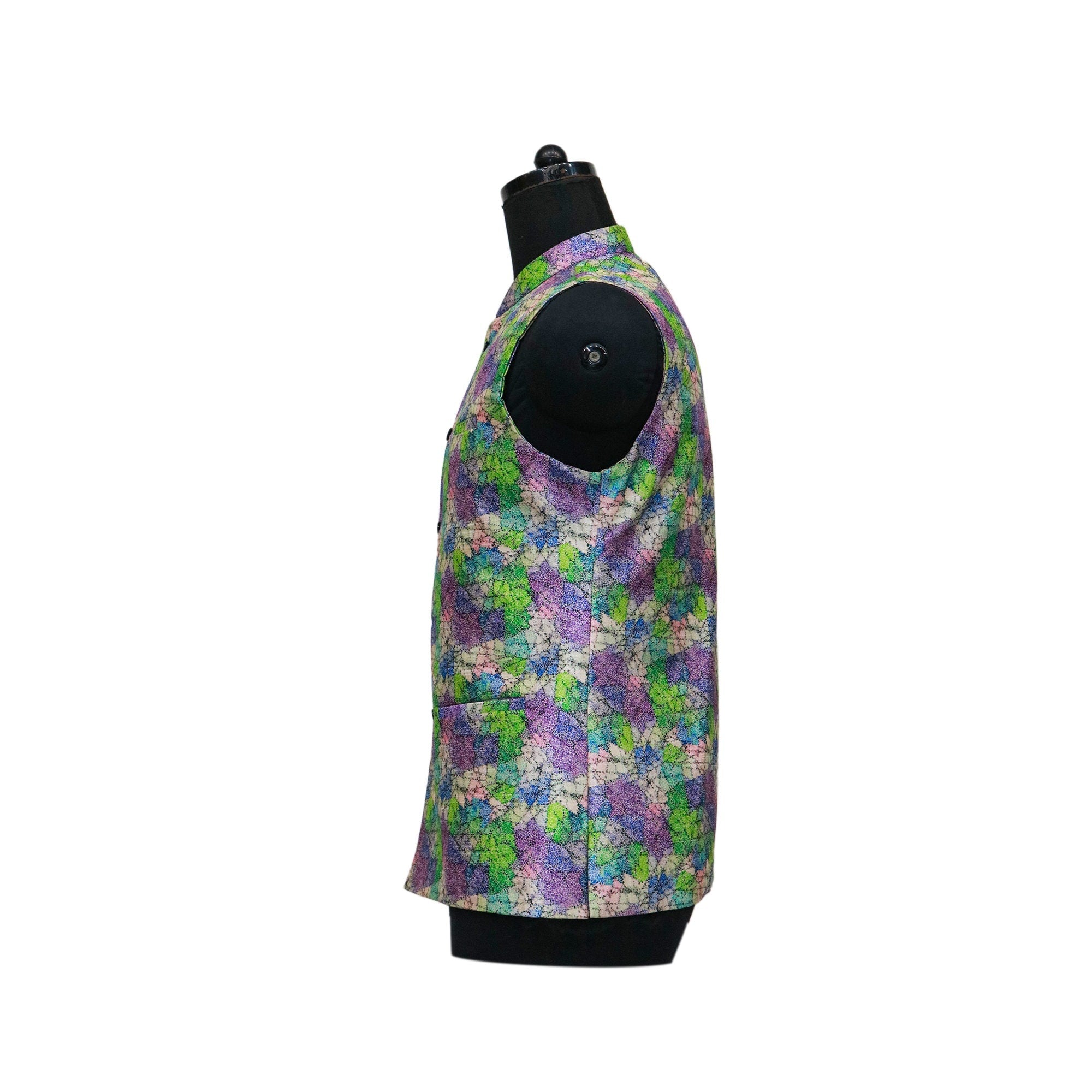 Handmade floral Nehru jacket, shown on mannequin, in green, purple, and blue floral pattern.