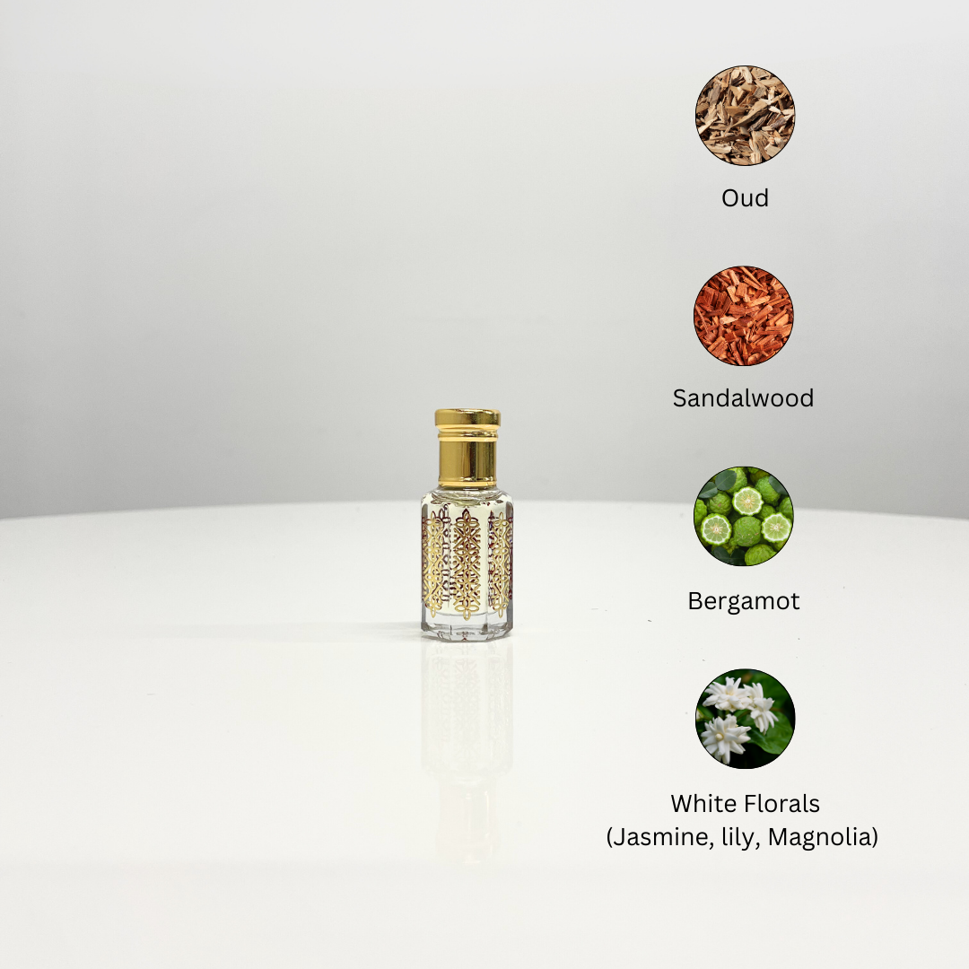 A bottle of White Oud Attar unisex perfume, with accompanying images of oud, sandalwood, bergamot, and white florals to represent its scent profile.