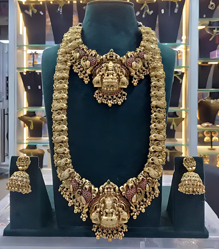 Traditional Temple Lakshmi Design Gold-Plated Bridal Necklace Set, Jhumka Earrings | South Indian Wedding Jewelry, Traditional Indian Wedding Jewelry (Set of 2)