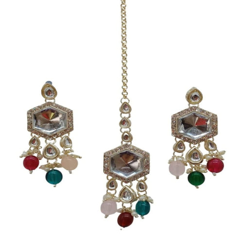 Elegant Kundan-Style Multi and White Necklace, Earrings, and Tikka Set, Traditional Indian Wedding Jewelry (Set of 2)