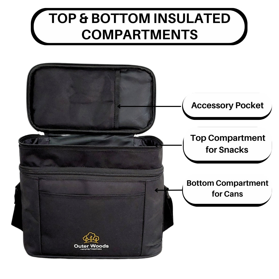 Outer Woods Insulated 6 Can Cooler Bag Dual Compartment| Fits 6 x 500ml Beer Cans & Snacks| Keeps Beer Cans Cool for up to 10 Hours | Ideal for Carrying Food, Beer, Soda, Juice and Milk