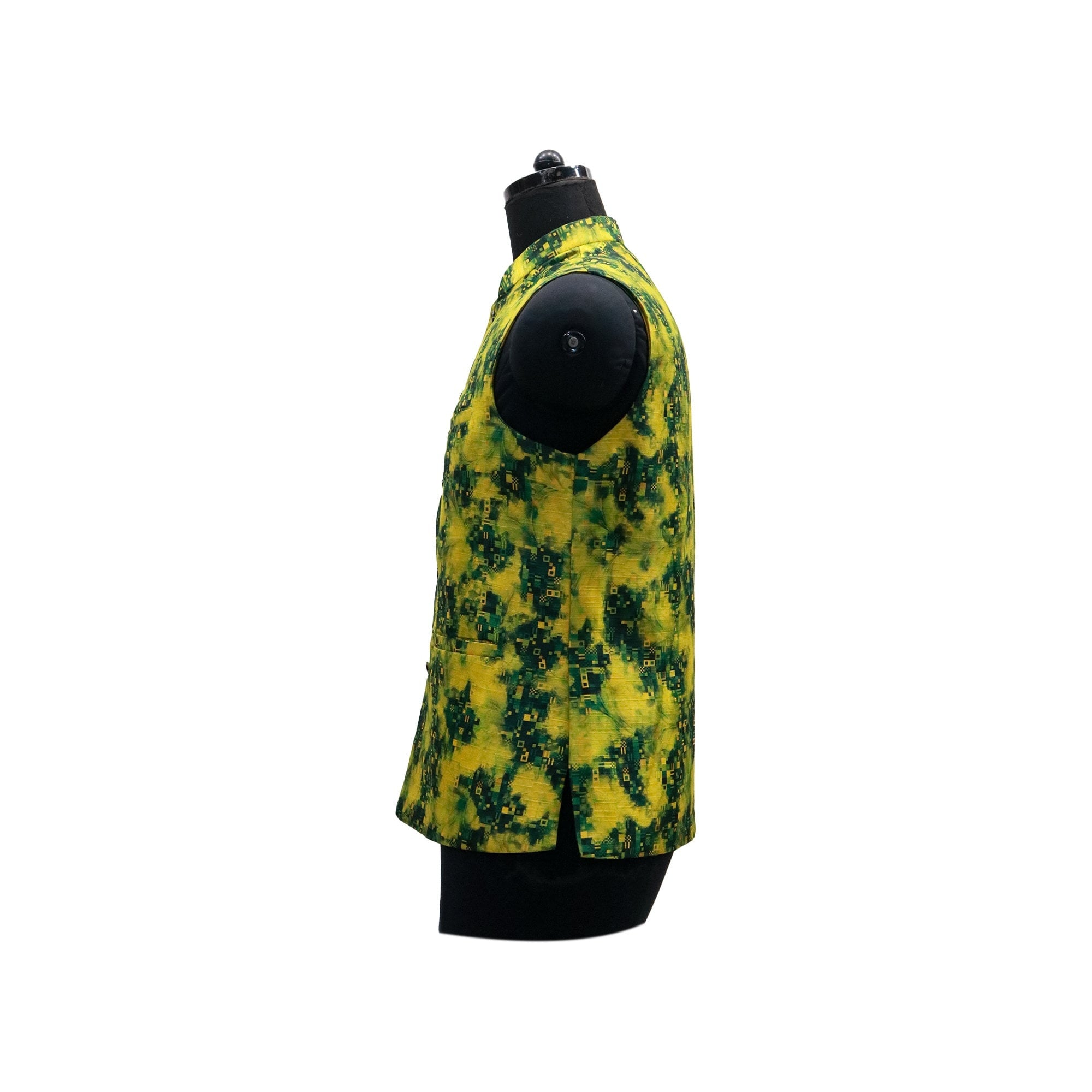 Handmade yellow and green floral Nehru jacket, side view on mannequin.