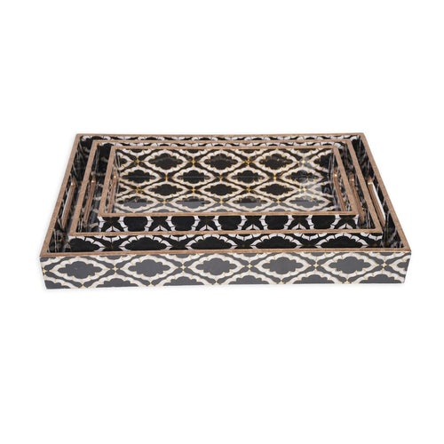 Decorative Nesting Trays with Handles, Wooden Tray for Coffee Table, Multicolor decorative trays, Rectangular design, Serving trays for snacks (Black & White - Set of 3)