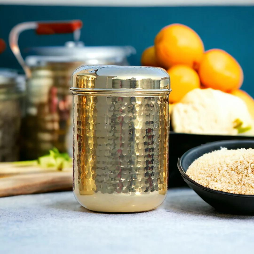 Pure Brass Storage Container for Kitchen | Handcrafted Brass Container with Airtight Lid | 300 ML