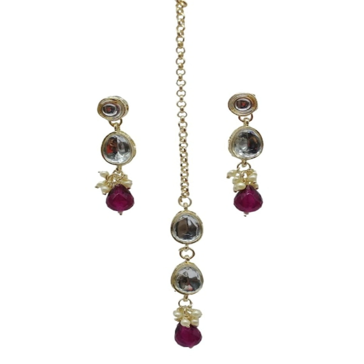 Elegant Kundan Choker Set, Garnet Drops & Matching Earrings and Tikka, Traditional Indian Wedding Jewelry (Set of 2)