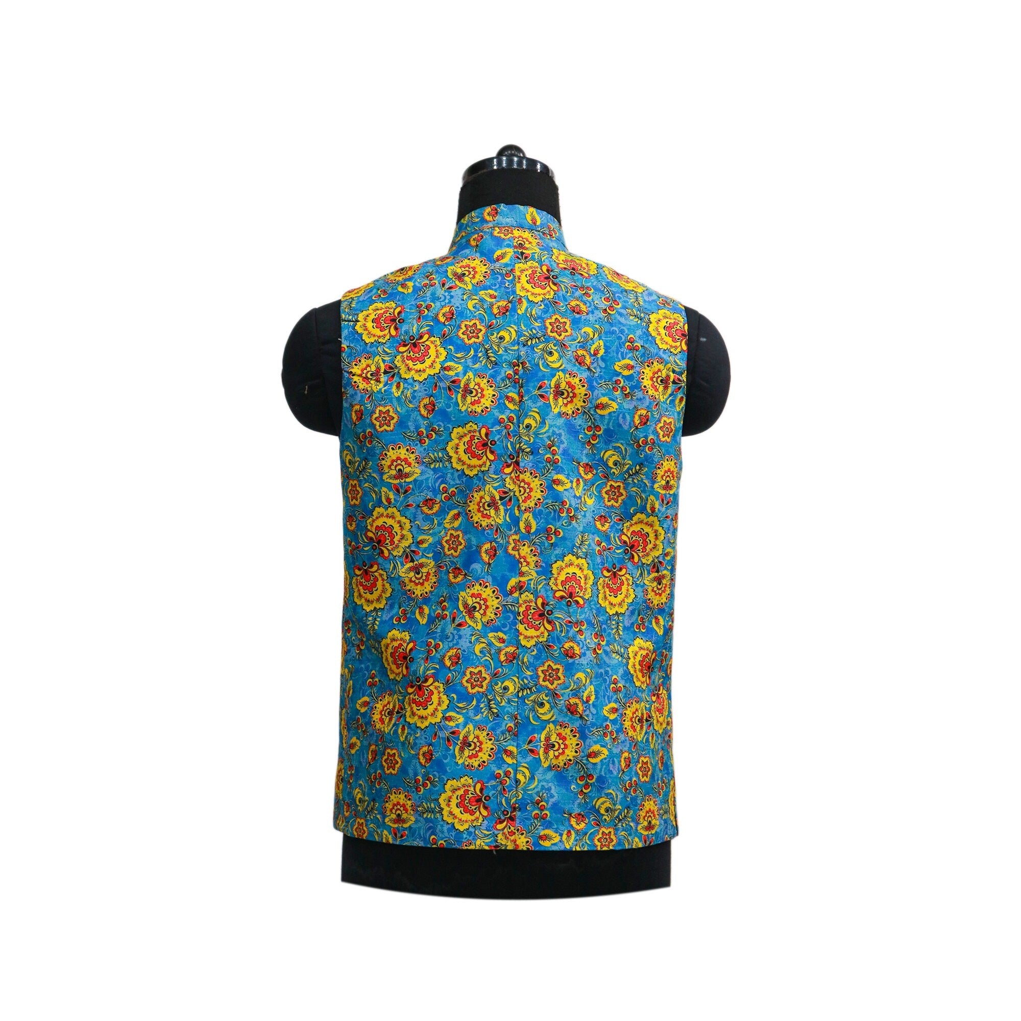 Blue floral vintage Nehru jacket, back view on mannequin. Handmade Indian ethnic party wear.