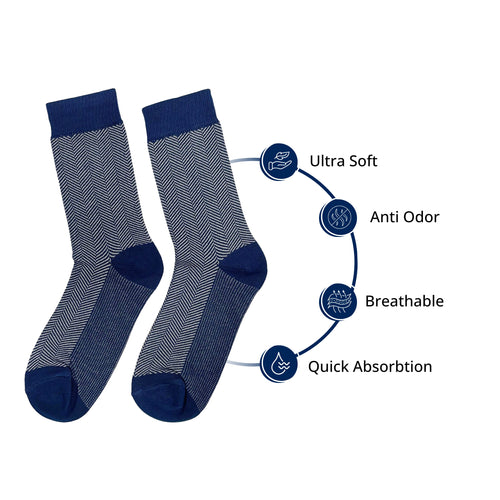 SuperGeneriX Bamboo Calf-Length Socks for Men, Pack of 5, Striped Blue Socks, Odor-Free, Breathable, Antibacterial, Cushioned Base for Comfort, Luxuriously Soft and Durable