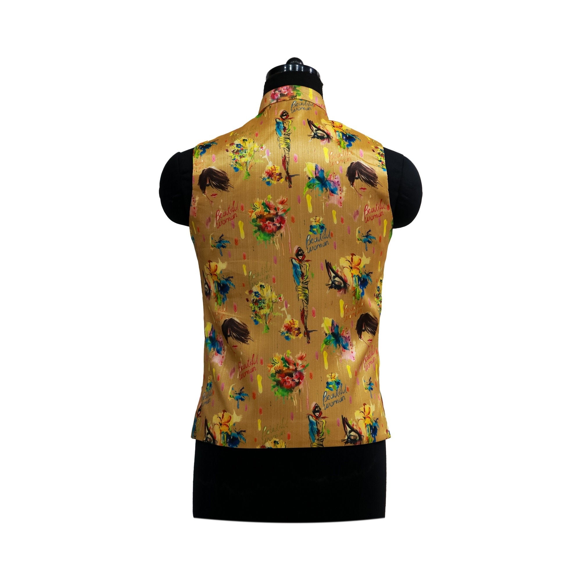 Gold floral Nehru jacket with colorful print, displayed on a mannequin. Perfect for parties or themed events.