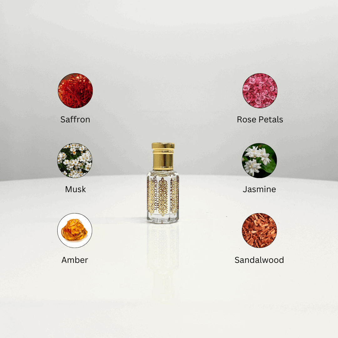 Black Oud Attar bottle with ingredients: saffron, musk, amber, rose petals, jasmine, and sandalwood.