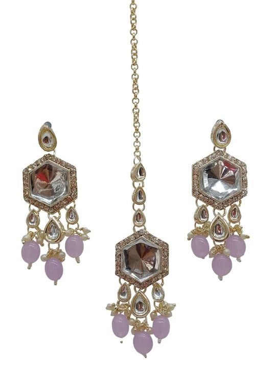 Elegant Kundan-Style Purple and White Necklace, Earrings, and Tikka Set, , Traditional Indian Wedding Jewelry (Set of 2)