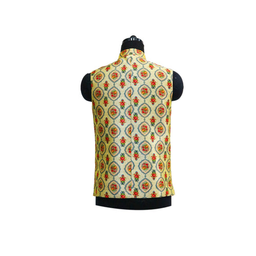 Ivory Nehru Jacket with Red and Yellow Floral Print | Elegant Sleeveless Vest for Weddings & Festive Events