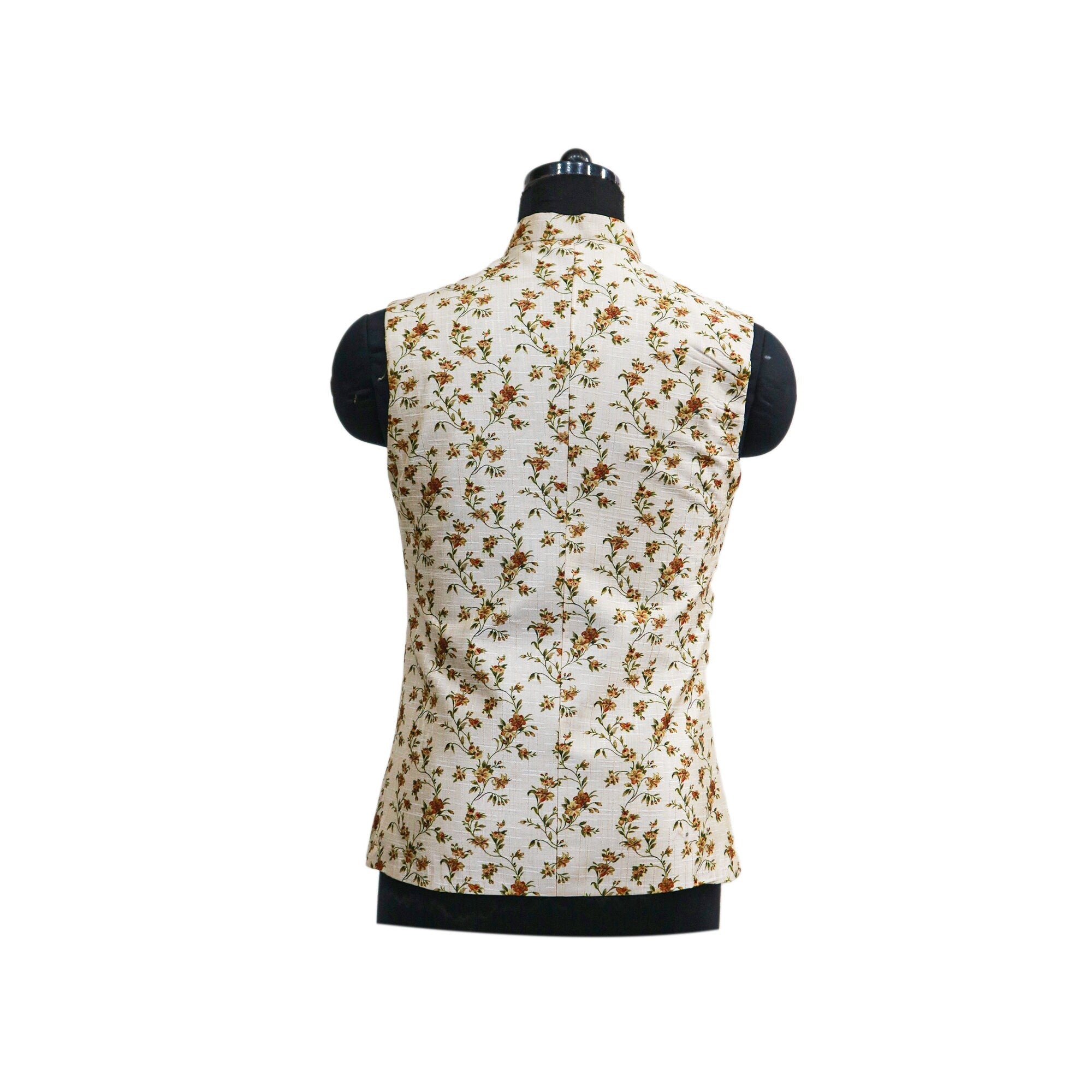 Cream-colored Nehru jacket with vintage floral print, back view.