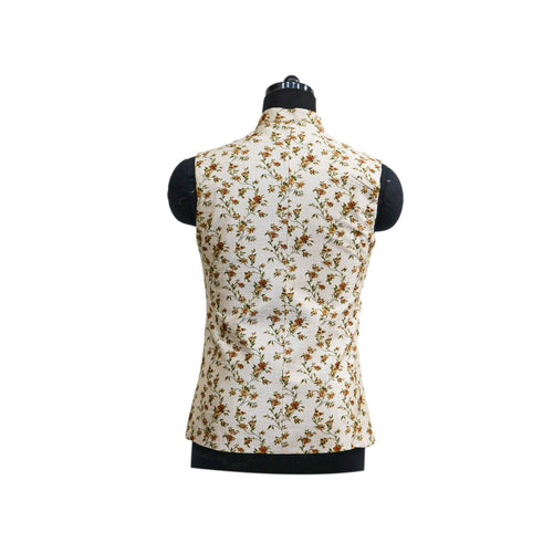 Cream Nehru Vest with Mandarin Collar | Traditional Waistcoat with Floral Design for Weddings & Festive Wear