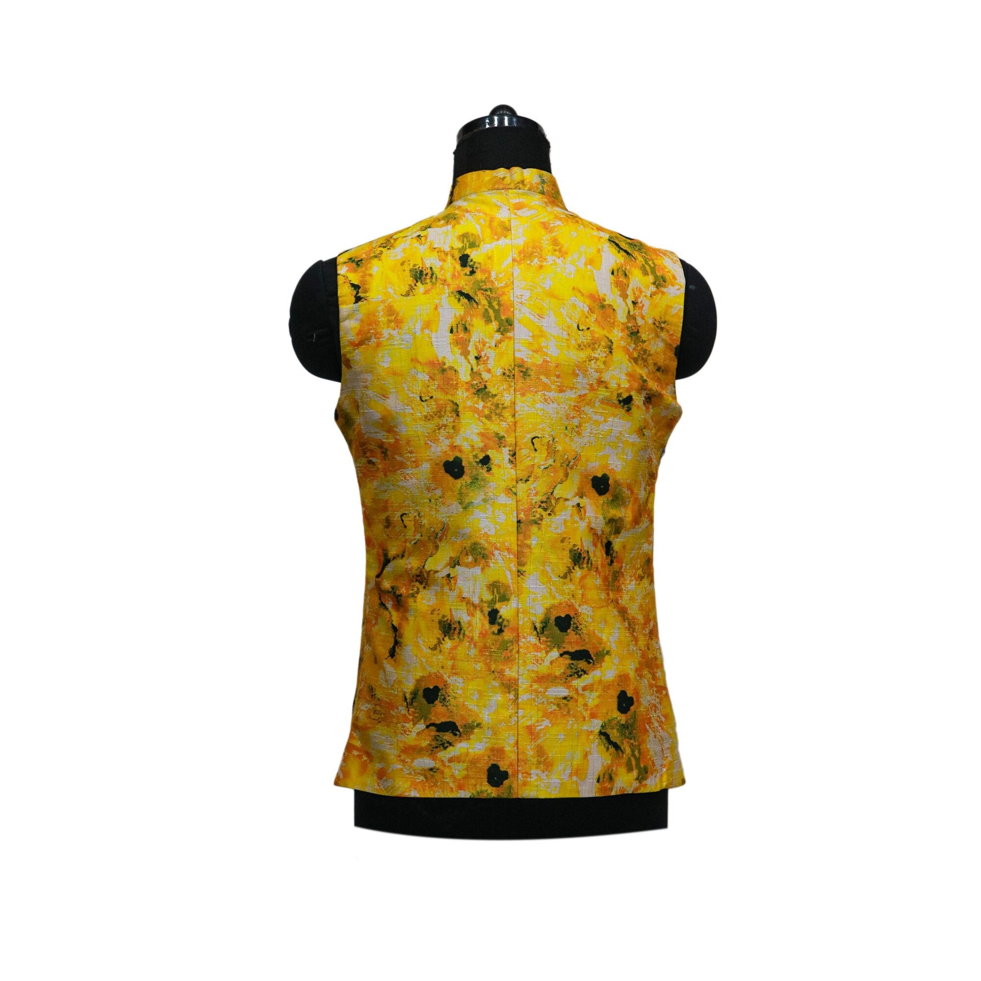 Handmade yellow floral Nehru jacket, back view on mannequin. Perfect for parties or themed events.