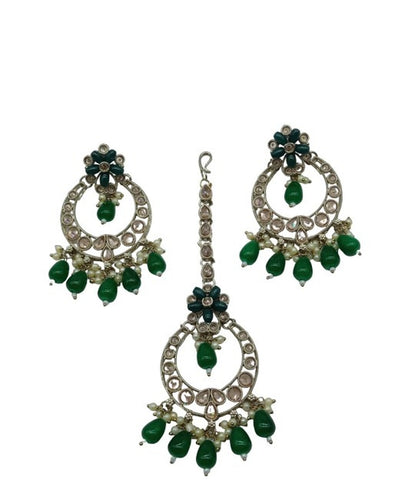 Elegant Green and Gold Indian Jewelry Set - Necklace, Earrings, and Maang Tikka, Traditional Indian Wedding Jewelry (Set of 2)