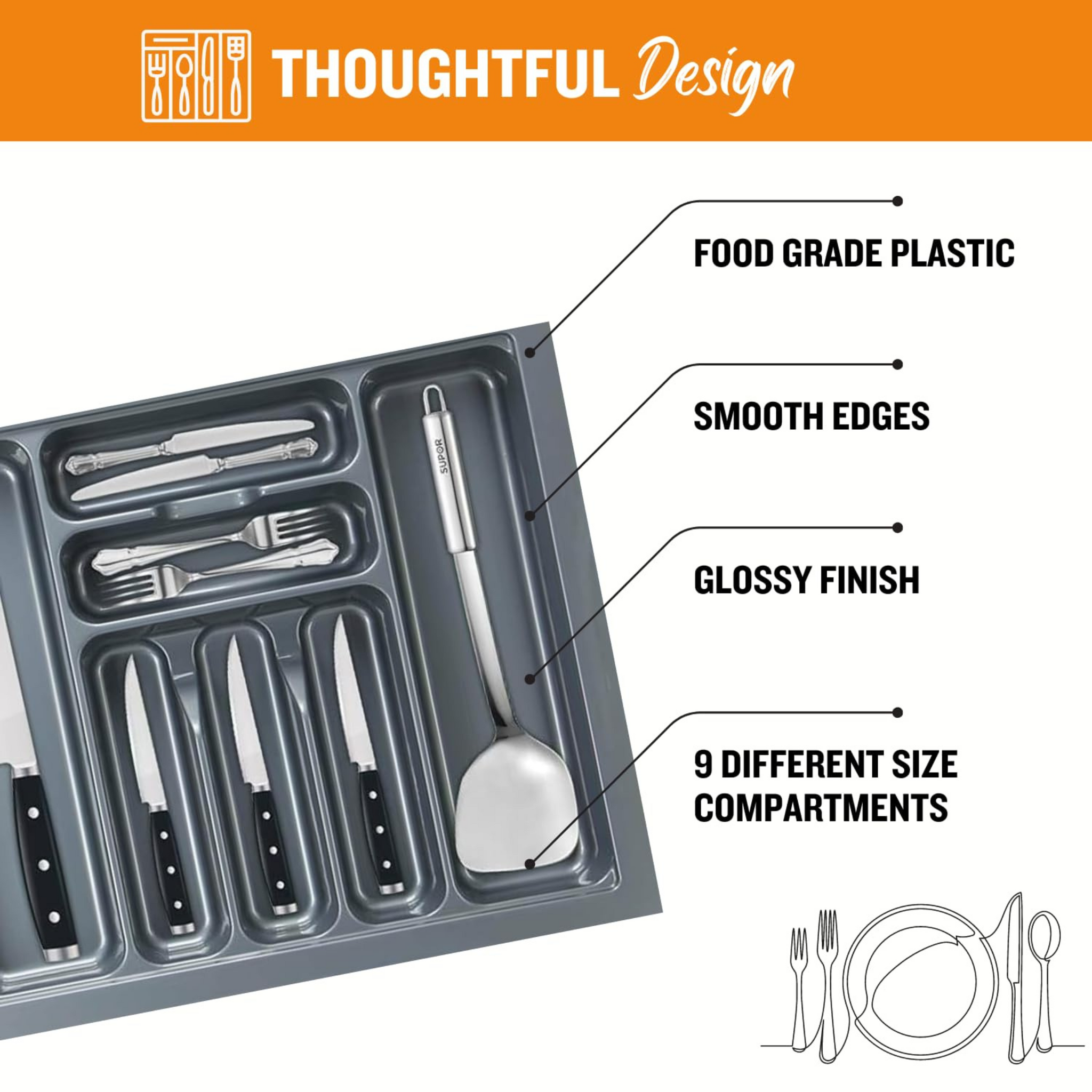 Modular Kitchen Cutlery Tray with Stain-Resistant Finish | 9-Compartment PVC Organizer for Kitchen & Stationery