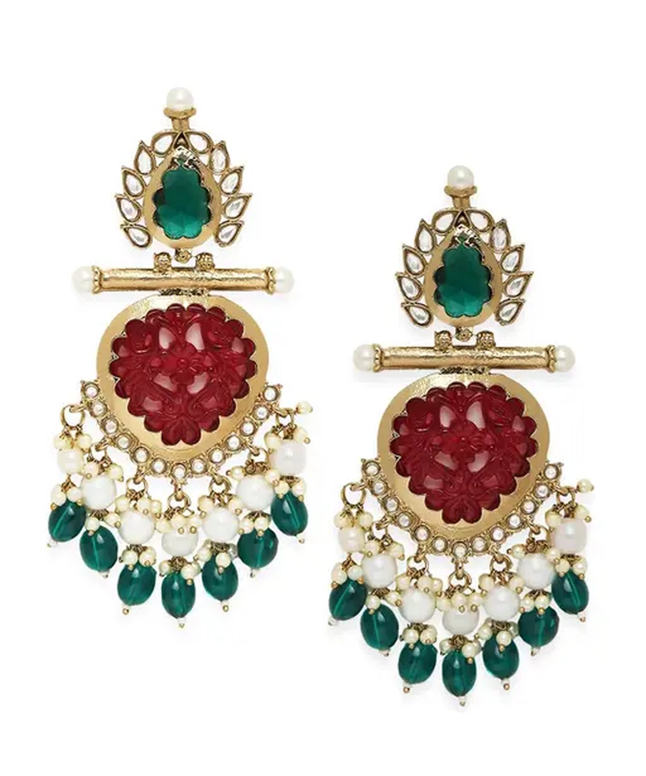 Elegant Kundan-Inspired Chandelier Earrings, Red and Green Gemstones, Traditional Indian Wedding Jewelry (Set of 1)