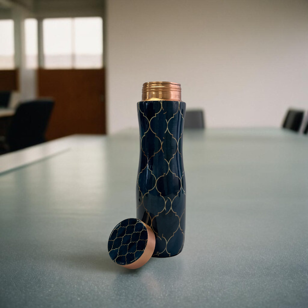 Pure Copper Water Bottle with Moroccan Design | 1L Bottle for Office, Yoga & Gym ( Navy Blue)