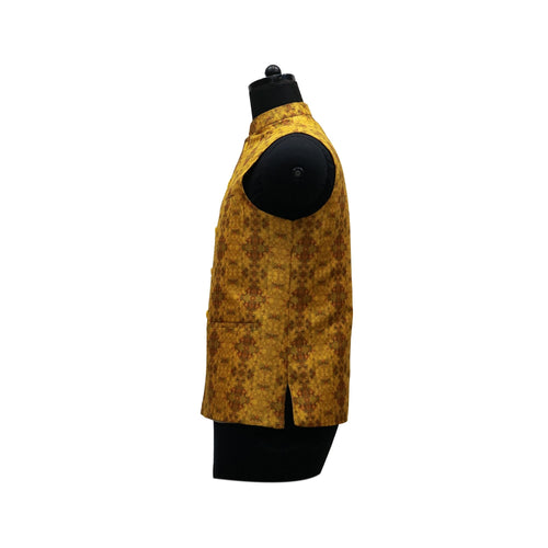 Mustard Yellow Nehru Jacket with Intricate Geometric Print | Elegant Sleeveless Vest for Weddings & Festive Events