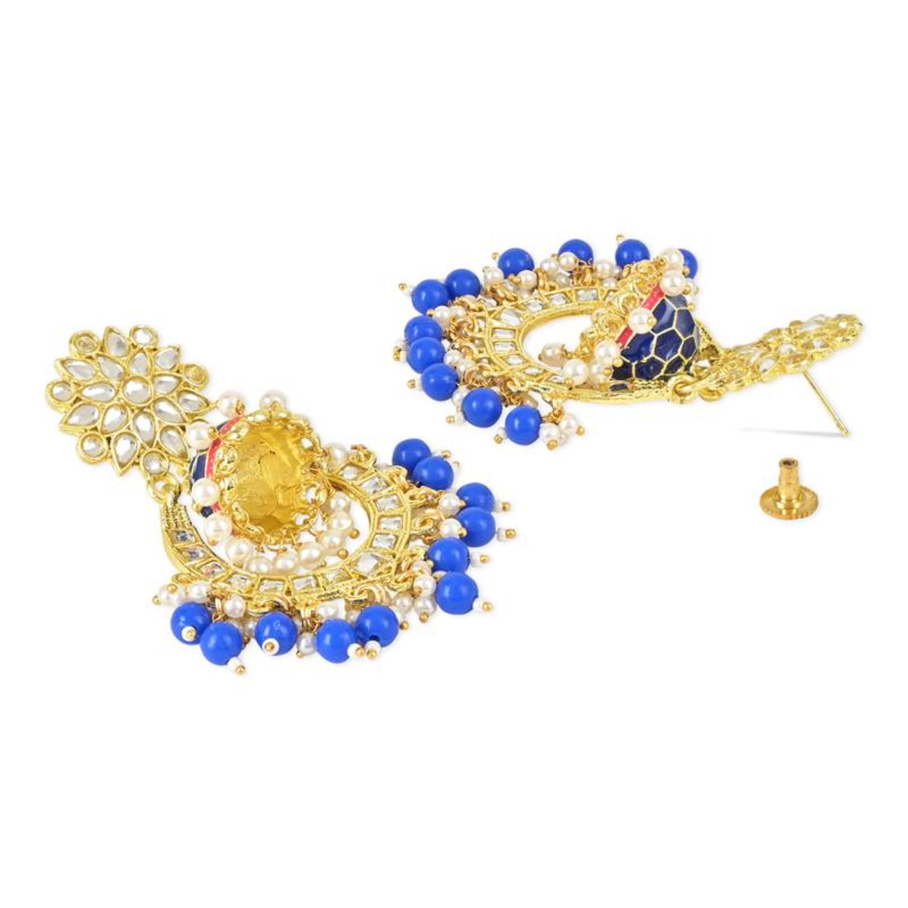 Royal Blue and Gold-Plated Kundan Chandbali Earrings – Traditional Indian Jhumka Earrings, Pearls, Traditional Indian Wedding Jewelry (Set of 1)