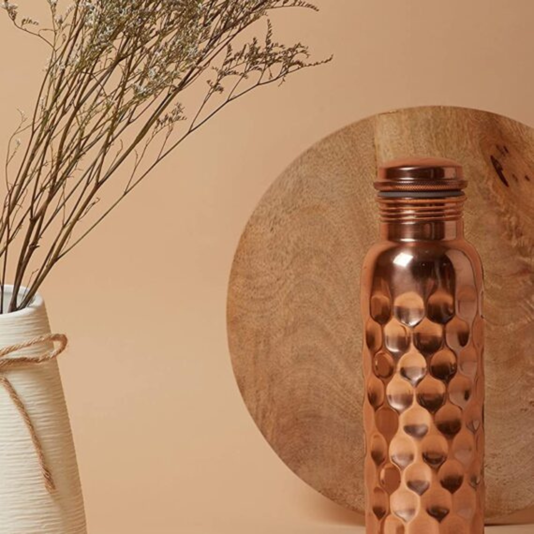 Pure Copper Water Bottle with Hammered Shine Finish | 1L Bottle for Office, Yoga & Gym