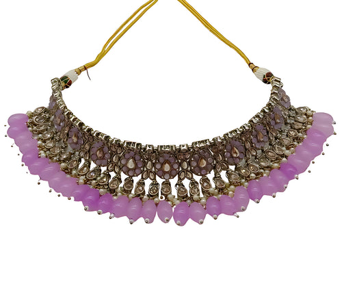 Luxurious Purple Kundan Choker Necklace Set, Earrings and Maang Tikka, Traditional Indian Wedding Jewelry (Set of 2)