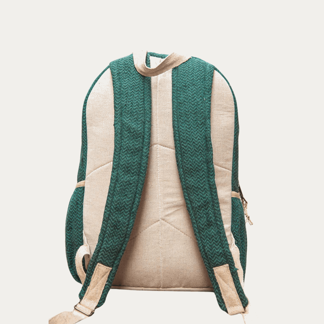 Eco-friendly and stylish hemp backpack in green and tan. Back view showcasing the adjustable straps and durable design, perfect for eco-conscious individuals.