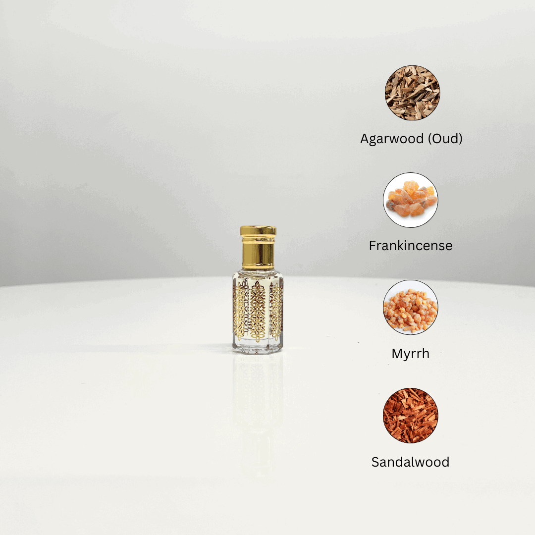 Bakhoor Attar Unisex perfume, displayed with ingredients: agarwood, frankincense, myrrh, and sandalwood.