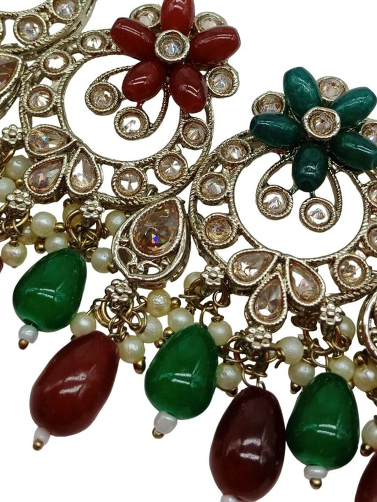 Elegant Green Red and Gold Indian Jewelry Set - Necklace, Earrings, and Maang Tikka, Traditional Indian Wedding Jewelry (Set of 2)