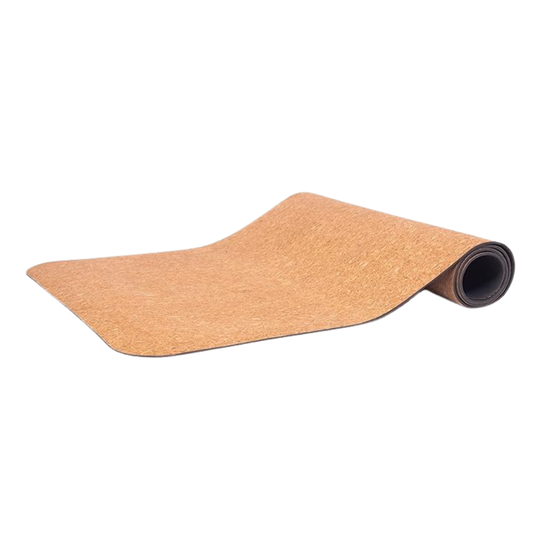 Rolled out, eco-friendly cork yoga mat on a white background. This natural yoga mat is free from PVC, latex, and plasticizer.