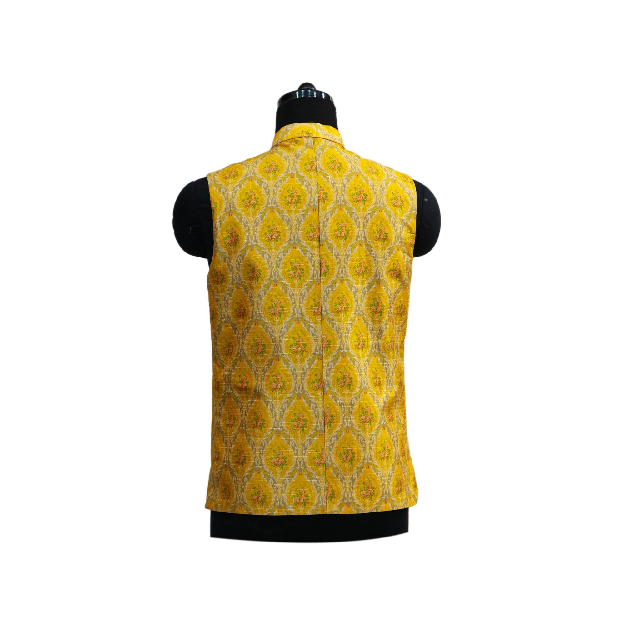 Yellow vintage floral Nehru jacket, back view. Handmade Indian ethnic party wear, perfect gift for him.