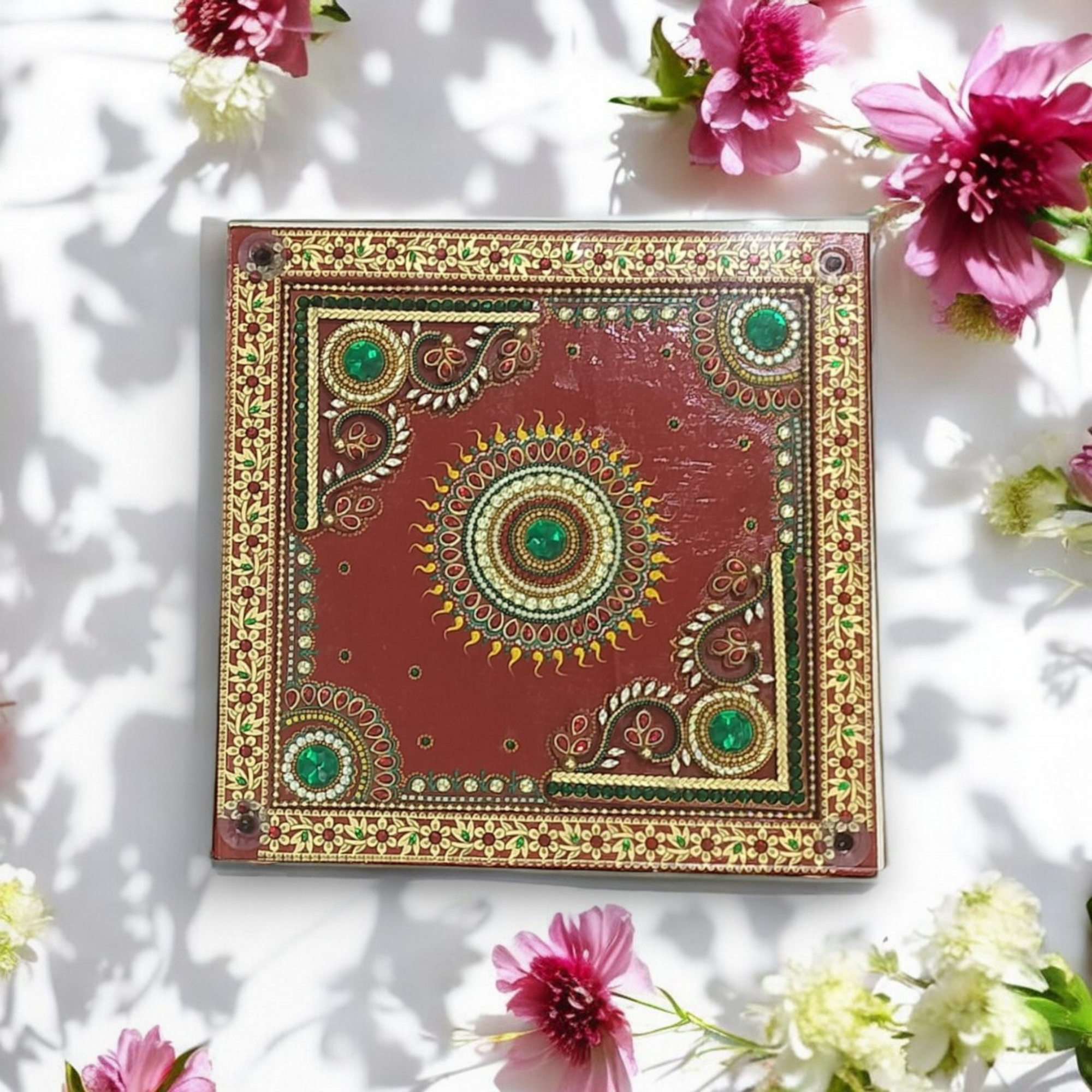 Handcrafted Wooden Puja Chowki with Glass Top | Traditional Wooden Puja Stand with Hand-Painted Design & Gemstone Accents for Festivals & Home - 12x12 Inches