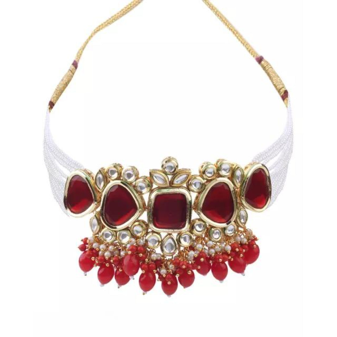 Elegant Red and Gold Indian Kundan Choker Necklace and Earring Set, Traditional Indian Wedding Jewelry (Set of 2)