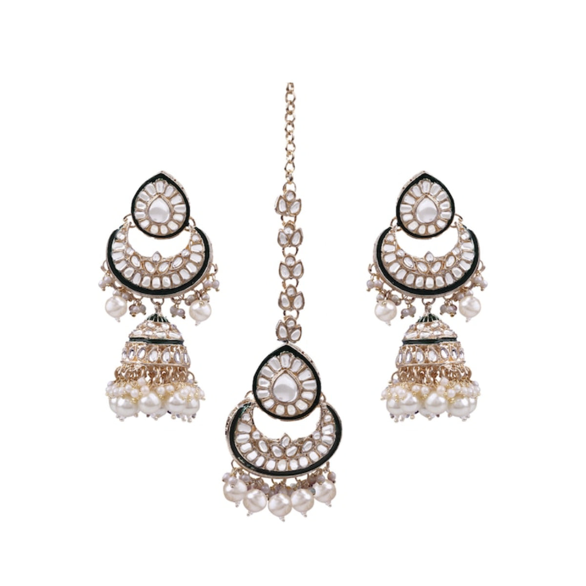 Luxury Kundan Bridal Jewelry Set, Silver Crystal Choker, Pearl Drops, Earrings & Maang Tikka, Traditional Indian Wedding Jewelry (Set of 2)