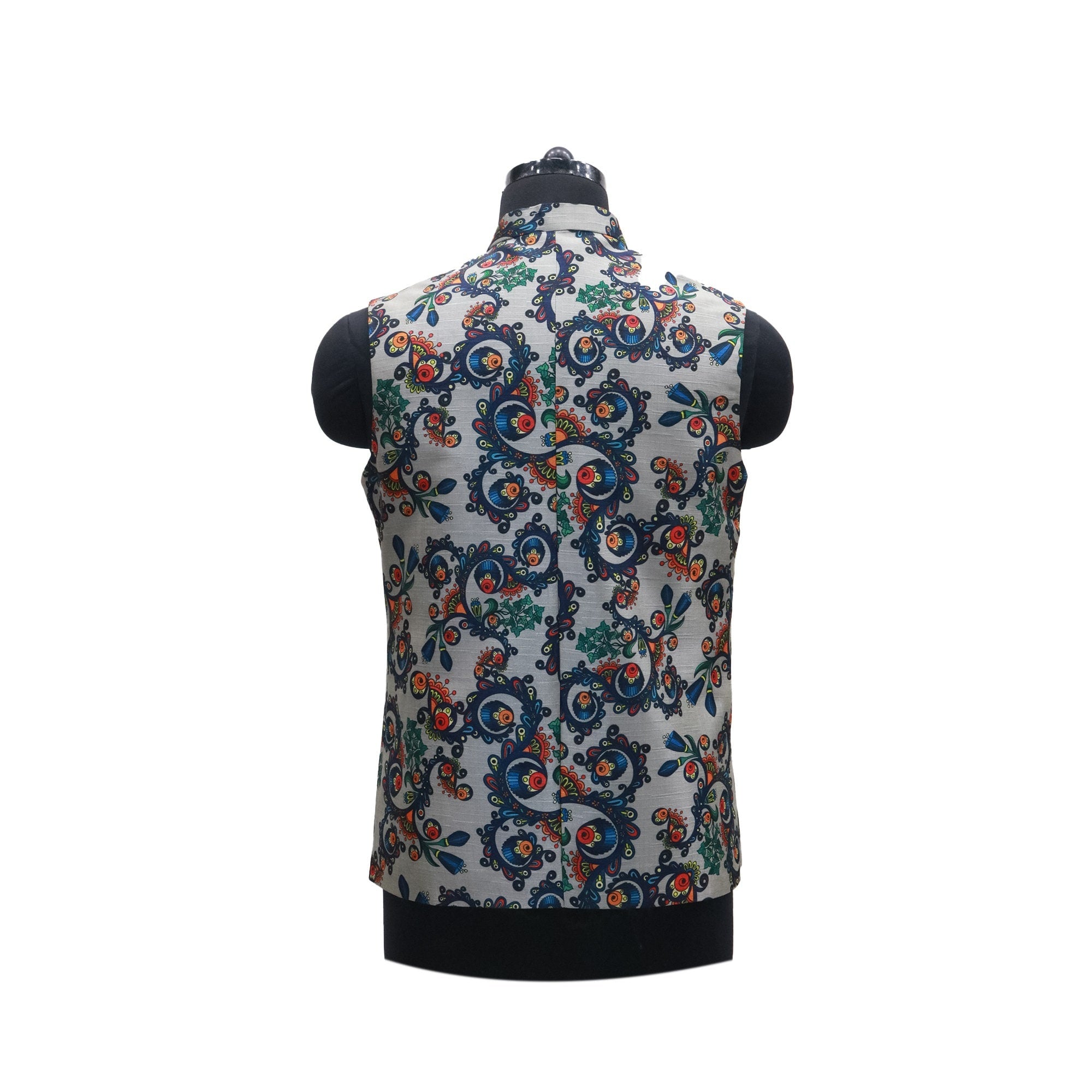 Handmade men's Nehru jacket with a vibrant floral paisley pattern, shown on a mannequin from the back.