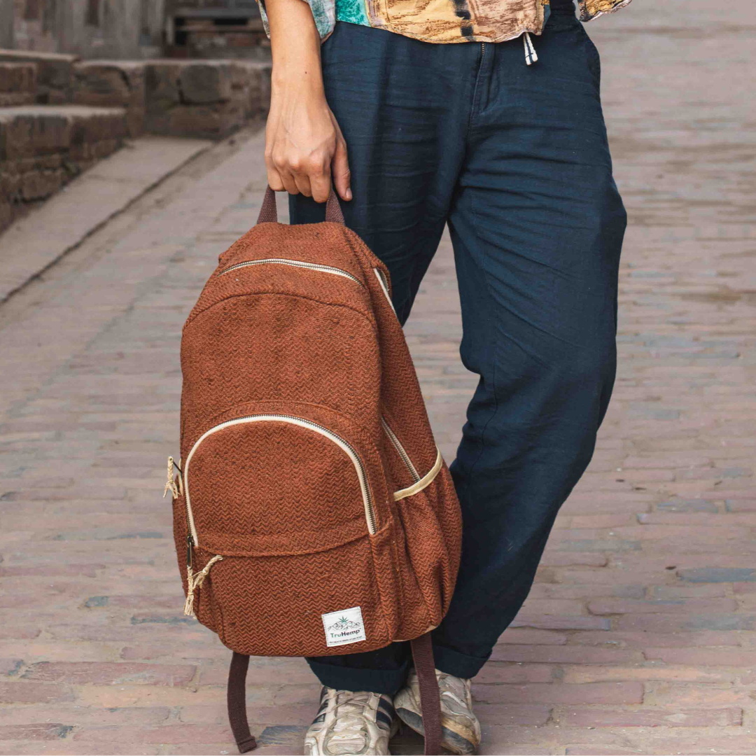 Stylish, eco-friendly brown hemp backpack with multiple pockets. Perfect for the conscious consumer.