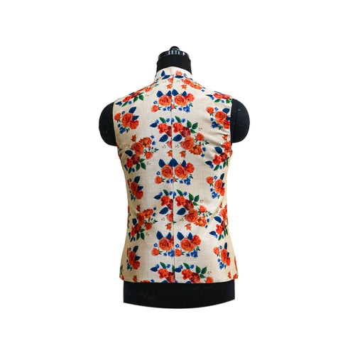 Floral Printed Nehru Jacket with Mandarin Collar | Ethnic Sleeveless Waistcoat for Special Occasions