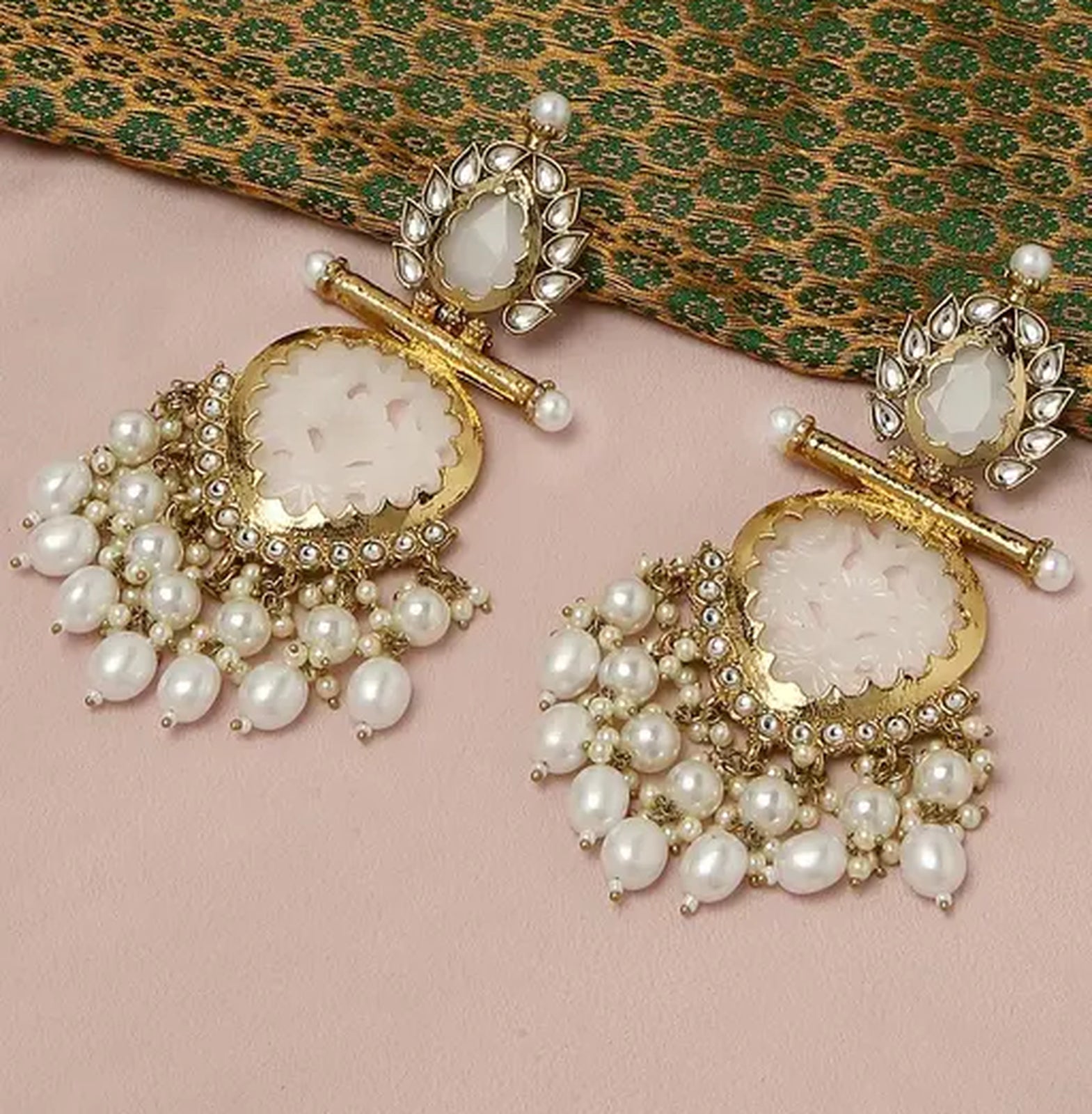 Elegant Pearl and Crystal Chandelier Earrings - Luxurious Statement Jewelry, , Traditional Indian Wedding Jewelry (Set of 1)