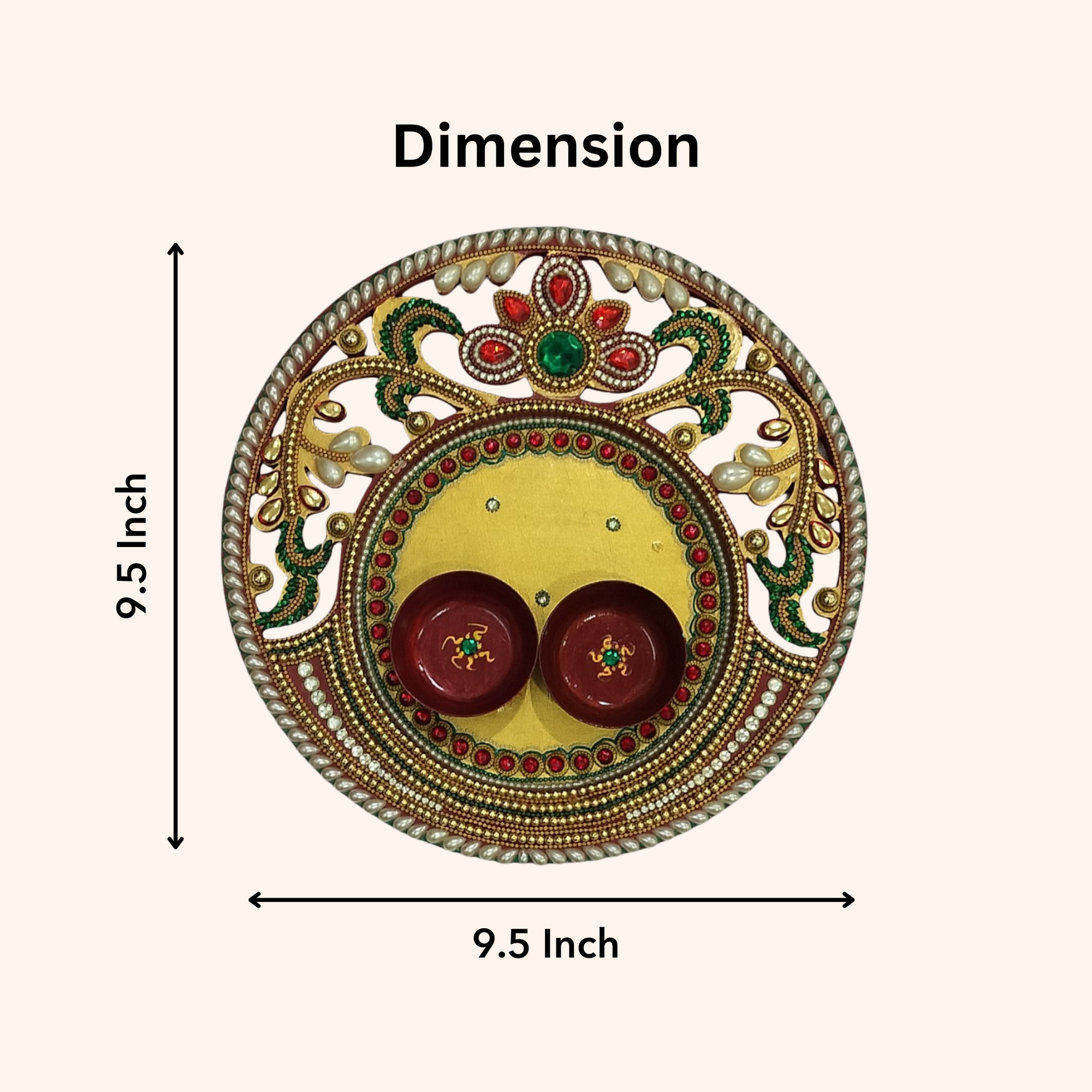 Handcrafted Wooden Pooja Thali with Decorative Design | Traditional Round Thali for Home with Bead & Gemstone Detailing - 9.5 Inch