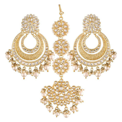 Elegant Gold-Plated Kundan Pearl Chandbali Earrings, Maang Tikka â€“ Traditional Bridal Jewelry Set, Traditional Indian Wedding Jewelry (Set of 1)