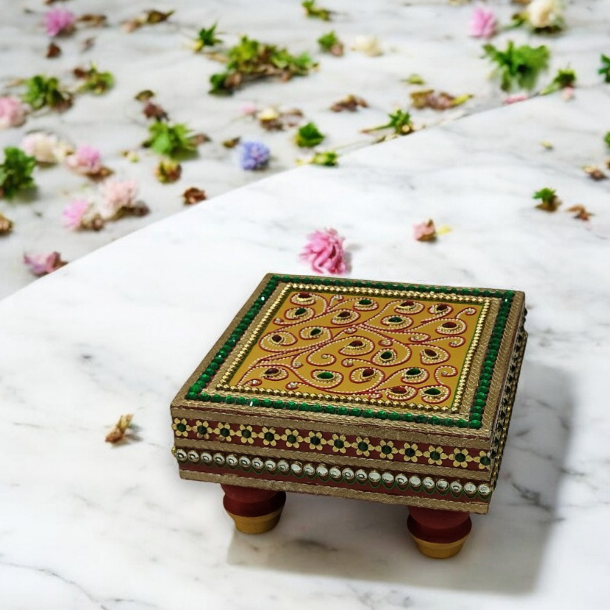 Hand-Painted Wooden Pooja Chowki with Peacock Feather Motifs | Lightweight Bajot with Bajot with Bead and Gemstone Detailing for Pooja Rooms -  6x6 Inches