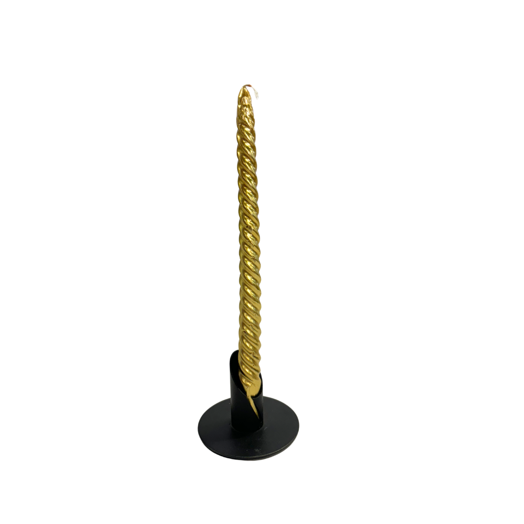 Set of four gold twisted taper candles on a black candle holder. Dripless & smokeless.