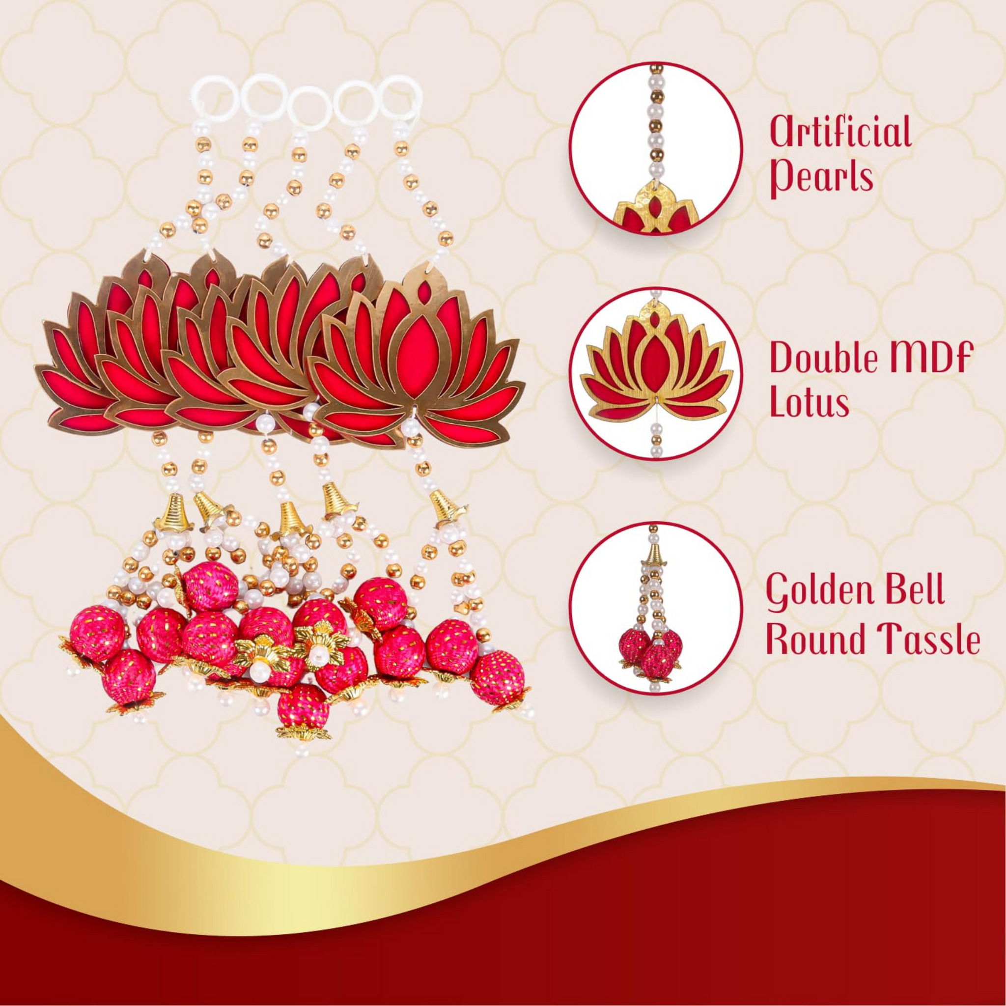 Lotus Wall Hanging Set with Jhumki Style & Beads | 9-Inch Decorative Flower Hangings for Home D����cor (Set of 5, Pink)