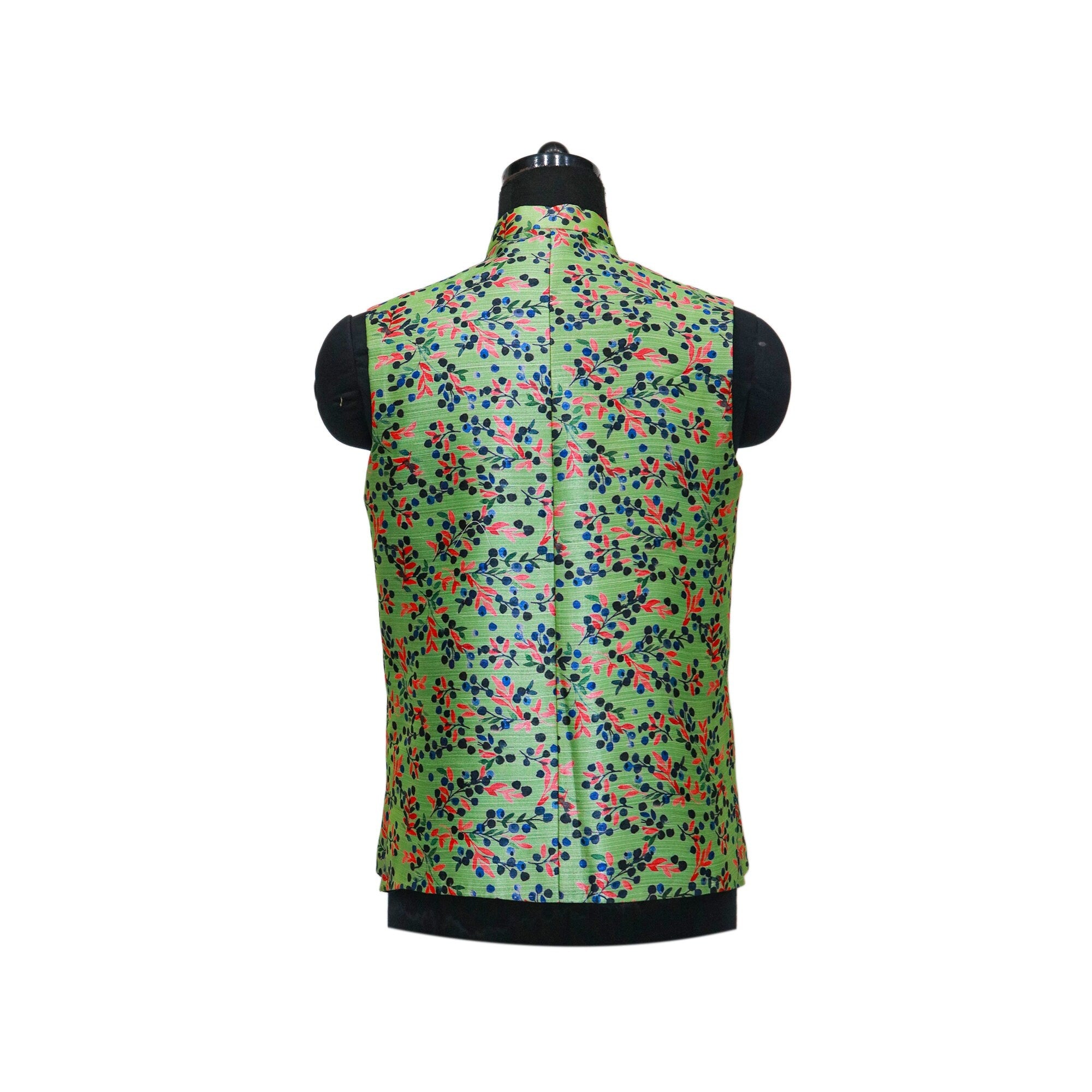 Green floral men's Nehru jacket, back view. Handmade vintage-style ethnic party wear, perfect as a gift for him for themed events.