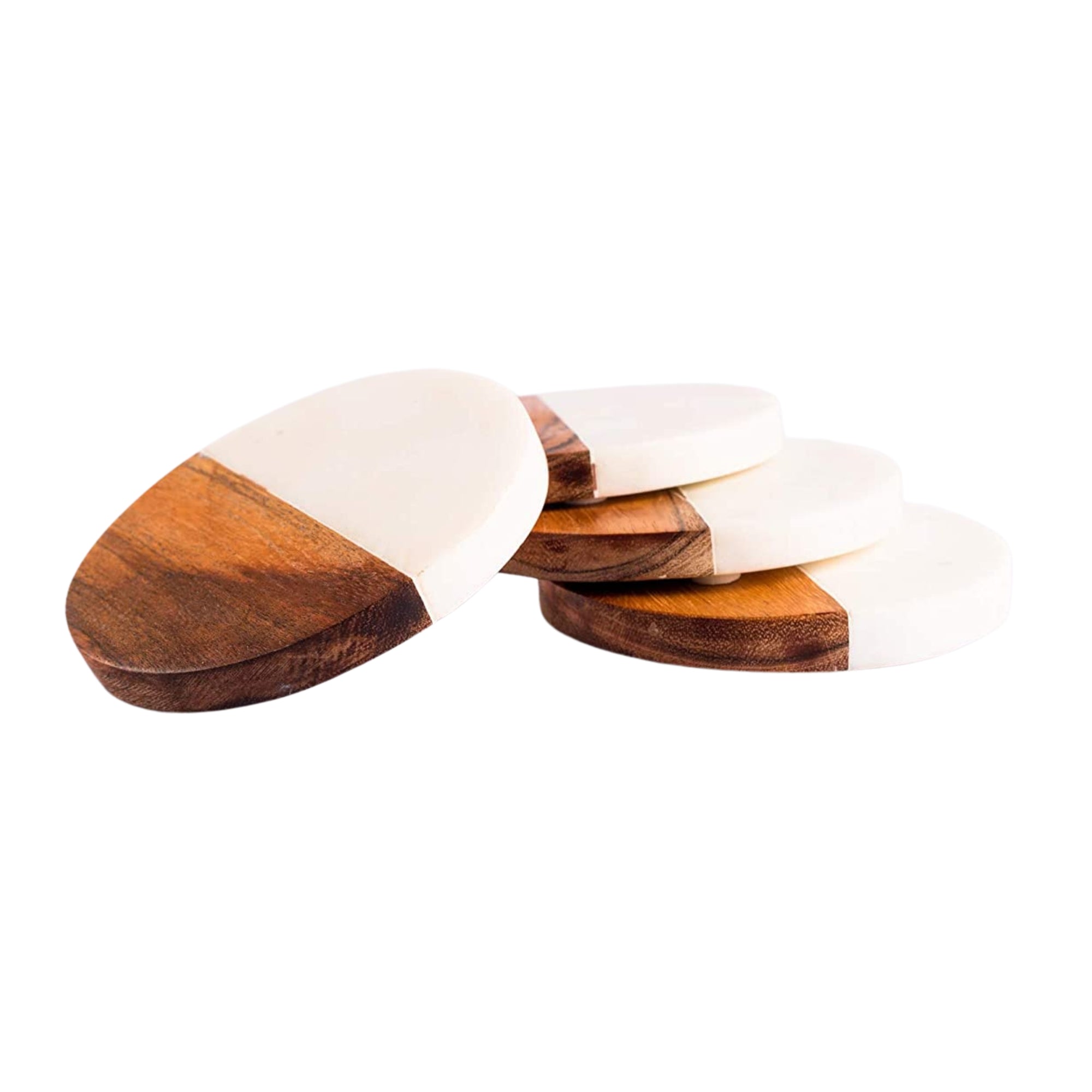 White Marble & Brown Wood Round Coasters - Elegant Anti-Skid Heat-Resistant Home Accessories, Ideal for Serving Drinks, Coffee or Tea, (10x10 cm) Set of 4