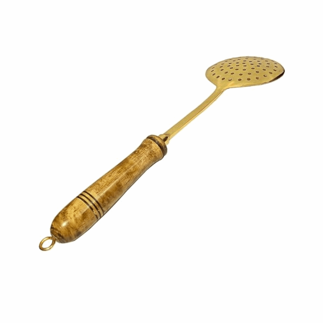 Brass Skimmer Ladle with Wooden Handle | Handcrafted Brass Frying Spoon for Kitchen