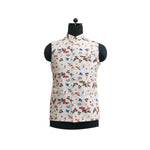 Handmade cream Nehru jacket with colorful floral print, displayed on a mannequin. Perfect for parties or ethnic events.