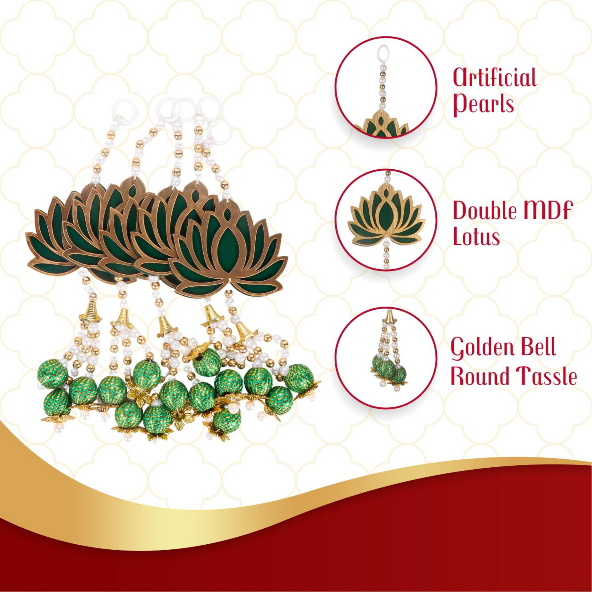 Lotus Wall Hanging Set with Jhumki Style & Beads | 9-Inch Decorative Flower Hangings for Home Décor (Set of 5, Green)